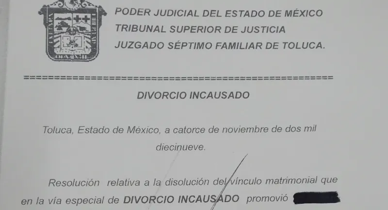 Documento de un divorcio incausado