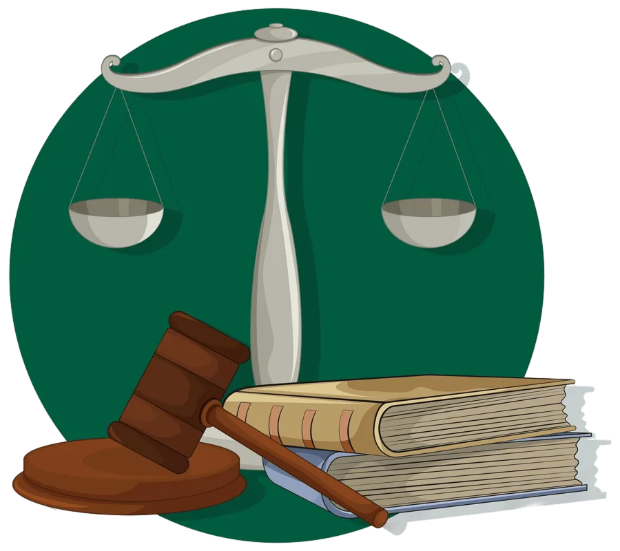 Ilustración de una balanza de la justicia, un mazo y libros de leyes